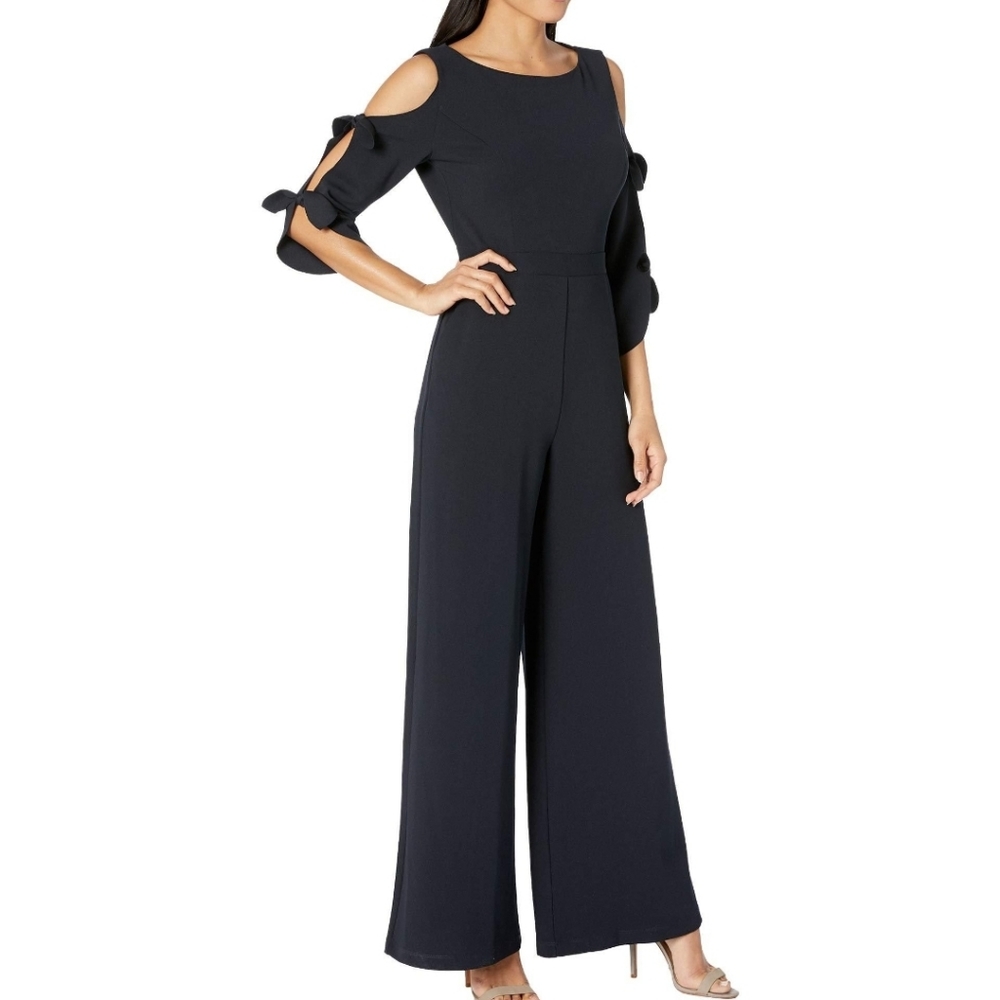 Super Cute Donna Morgan tie sleeve, cold shoulder jumpsuit in black…size 8 - Picture 3 of 10